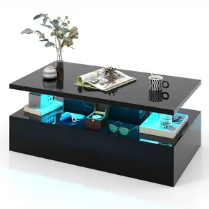 Table Basse - Costway - 2 Niveaux Avec Lumières Led - Noir Brillant pas cher