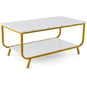 COSTWAY Table Basse Imprimée Marbre 2 Niveaux, Table de Salon Rectangu... pas cher
