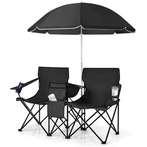 Chaise de Camping Pliante 2 Places avec Parasol - COSTWAY - Noir - Sac isotherme, Porte-gobelet, Accoudoirs