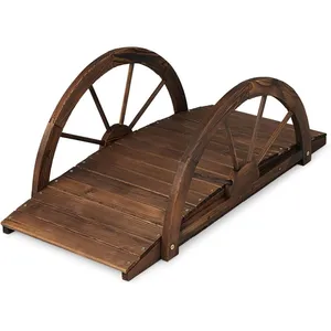 GOPLUS Pont de Jardin en Bois de Sapin Carbonisé 100CM,Décoration Pont en Arc avec Clôture de Sécurité en Forme de Roue,TeintéeVendu parcdiscount