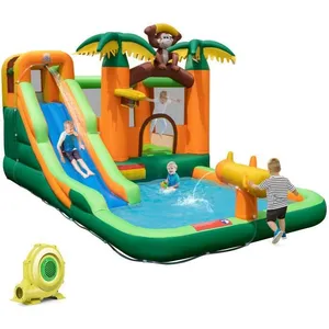 COSTWAY Château Gonflable Tropical avec Souffleur 680 W Toboggan Long Aquatique Grande Pataugeoire Décorations de Singes,Palmiers pas cher