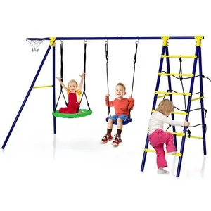 Comparateur de prix : COSTWAY Portique pour Enfants avec 2 Balançoires 5 en 1,Panier de Bask...