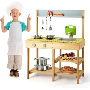 COSTWAY Cuisine Enfant en Bois Sapin, Réservoir à Eau 700 ML & Robinet... pas cher