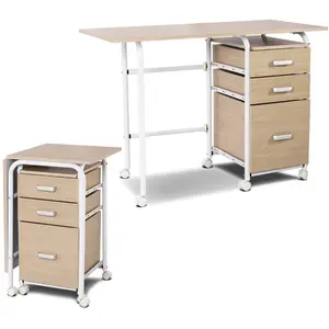 Bureau Pliable Sur Roulettes - Costway - 3 Tiroirs - Mdf/Acier - Naturel pas cher