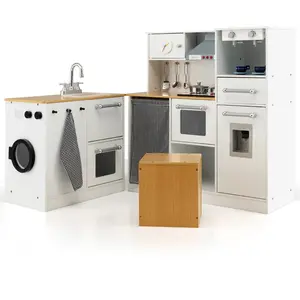 CostwayCuisine d Imitation Enfants en Bois avec Tabouret et Machine à ... pas cher