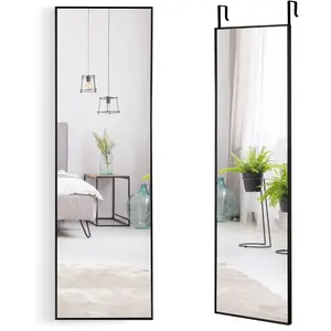 Miroir mural COSTWAY - Noir - 120 x 37 cm - Alliage d'aluminium - Crochets de suspension réglables