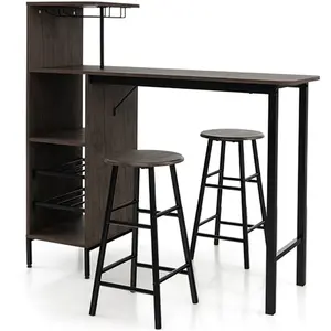 GOPLUS Ensemble table de bar et tabourets 3 pièces marron pas cher