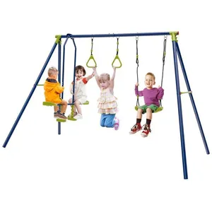 Comparateur de prix : COSTWAY Portique avec Balançoire, 1 Face à Face et 2 Anneaux de Gymnastique en Métal Cadre en Forme de A Charge 200kg 3-10 Ans
