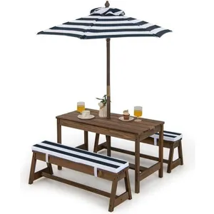 Comparateur de prix : COSTWAY Table et 2 Bancs de Jardin avec Parasol et Coussins en Sapin T...