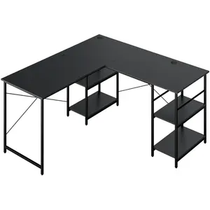 Comparateur de prix : COSTWAY Bureau d'angle - 151 x 151 x 75 cm - ajustable à bureau droit,4 etagère de rangement,grand table pour 2 personnes noir
