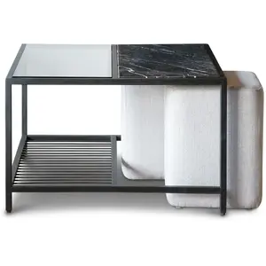 PIB Table basse carrée en marbre noir et poufs grisVendu parmaisons-du-monde