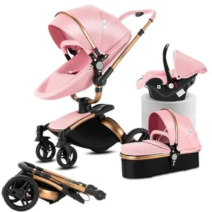 Poussette Magic ZC Poussette 3 en 1 Pousette Pousette trio 3 en 1 Cuir PU Rotation à 360°Paysage élevé 0-3 ans Jusquà 15kg Rose