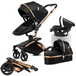 Poussette Magic ZC Poussette 3 en 1 Pousette Pousette trio 3 en 1 Pliage automatique Cuir PU Rotation à 360° Avec Grand panier Noir