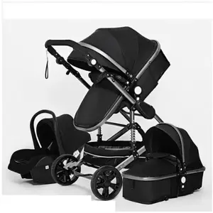 BAZARLAND30.Poussette 3 en 1 Bébé Combinée Siège-Auto Nacelle Trio Réversible Réglable Haute Qualité Roues increvables Canne noir.