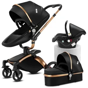 Poussette 3 en 1 Magic ZC Poussette Poussette trio Poussette Pliage automatique Cuir PU Rotation à 360° Avec Grand panier Noir