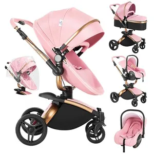 Poussette 3 en 1 Magic ZC Poussette Pousette trio 3 en 1 Poussette de luxe Cuir PU Rotation à 360° Paysage élevé Jusquà 30 kg Rose