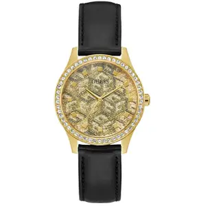 Comparateur de prix : Guess G Gloss Montre Femme Acier Doré Cuir Noir GW0608L2