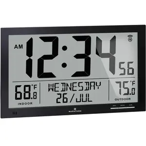 Marathon Denver-Horloge Murale Radio-pilotée-Horloge numérique Grand écran-Calendrier Radio-piloté-Grand Affichage Grands Chiffres-Thermomètre et hygromètre-Livré avec Une sonde météo-Piles inclusesVendu paramazon