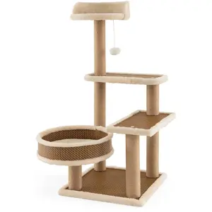 Arbre à Chat à 4 Niveaux COSTWAY - Balle Suspendue - Lit Spacieux - Plateformes - Tapis en Peluche Amovible pas cher