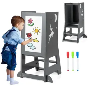 Comparateur de prix : COSTWAY Tour d'apprentissage Enfant avec Hauteur Réglable & Tableau, Tour d'Observation Montessori en Bois avec Rail de Sécurité & Pieds Anti-Bascule, Charge