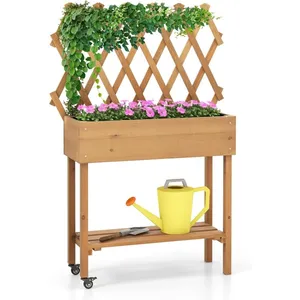 Comparateur de prix : Jardinière Surélevée en Bois COSTWAY avec Treillis et Roues Verrouillables, Lit de Jardin Surélevé pour Plante Grimpante Vigne