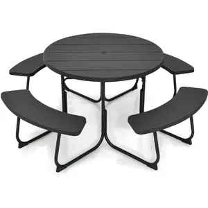 COSTWAY Ensemble de Table Ronde de Pique-nique et 4 Bancs, pour 8 Personnes, Trou pour Parasol, pour Patio, Jardin, Noir