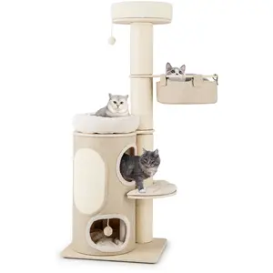 Comparateur de prix : COSTWAY Arbre à Chat Multi-Niveaux de 154 CM, Condo à 2 Étages, Poteaux à Gratter en Sisal, Hamac, Balles Suspendues, Lit Amovible