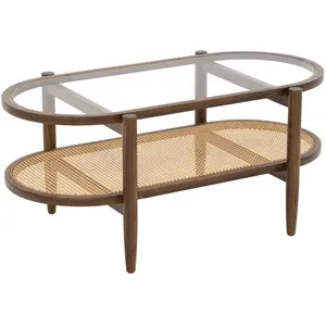 Costway - Table Basse Bois, Table Basse Salon Ovale, Cadre en Bois Courbé, Design Cannage en Rotin pe, Table Salon pour Salon, 90x50x45cm pas cher