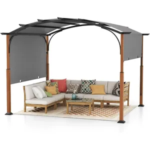 Comparateur de prix : Pergola de Jardin 3 x 6 x 2,6M COSTWAY-Auvent Rétractable en Tissu Polyester-Structure  Métalliques-à Arcs-Poteaux Aspect Bois-Gris