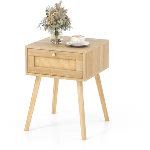 CostwayTable de Chevet en Rotin Table de Nuit Bois avec Tiroir et 4 Pi... pas cher