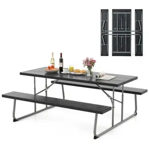 COSTWAY Ensemble Table et Bancs de Pique-Nique Pliable, Ensemble de Jardin avec Cadre Métallique Plateau en hdpe Tout Temps Trou pour Parasol Banc Charge pas cher