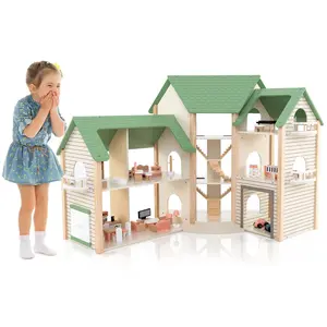 Comparateur de prix : COSTWAY Maison de Poupée d'Angle en Bois pour Enfants 3 Ans+, 3 Étages 6 Chambres avec 35 Accessoires, 87 x 37 x 83 cm, Vert