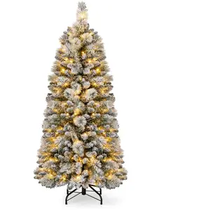 Sapin de Noël Artificiel LED 150cm COSTWAY-130 Lumières Blanc Chaud-378 Branches Floqué de Neige-Support en Métal-Section Repliable