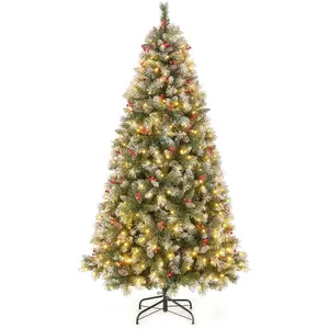 Giantex Sapin de noël 909 branches articulées baies et pommes de pin 195cm pas cher