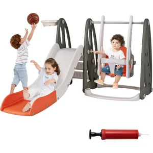 4 en 1 Toboggan Enfant Pliable avec Balançoire Réglable & Panier de Basketball, Aire de Jeux Polyvalent Intérieur avec Échelle d'Escalade & Ballon,Vendu parcdiscount