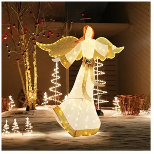 COSTWAY Ange de Noël Éclairé 160 cm Pré-Illuminé avec Halo Ailes et 180 Lumières LED Blanc Chaud, Piquets de Sol Attaches Zippées