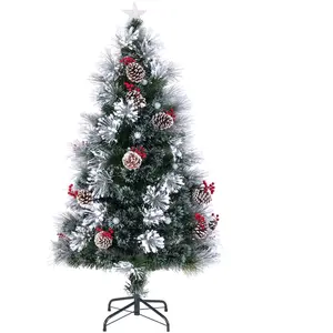 Sapin de Noël Artificiel Floqué 150cm COSTWAY-49 Lumières LED,8 Modes d'Éclairage Dynamique-Fibres Optique-Baies Rouges,Pommes de pas cher