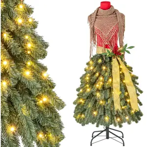 Sapin de Noël Artificiel Pré-éclairé 150cm COSTWAY-Design Jupe avec Ruban Doré-Echarpe Amovible-100 Lumières LED-Baies Rouges pas cher