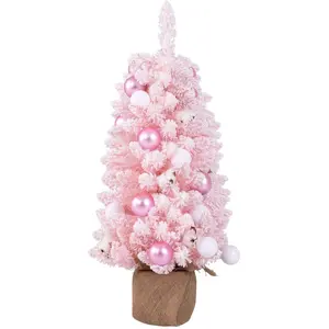 COSTWAY Mini Sapin de Noël Artificiel Pré-décoré 90 cm, 12 Boules de Coton Naturel, 24 Boules Décoratives, Base en Ciment, Rose pas cher