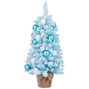 COSTWAY Mini Sapin de Noël Artificiel Pré-décoré 90 cm, 12 Boules de Coton Naturel, 24 Boules Décoratives, Base en Ciment, Bleu pas cher