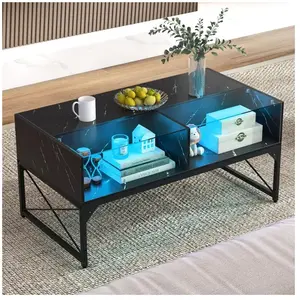 Costway Table Basse Avec Lumières Led, Plateau En Faux Marbre, Verre T... pas cher