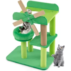 Arbre à Chat Multi-niveaux 60 cm COSTWAY, Moulin à Vent, Poteau à Gratter, Plateforme Ronde, Perchoir avec Baffles Anti-chute pas cher