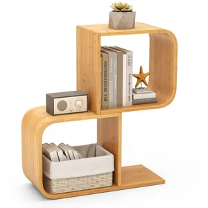 Goplus - Bibliothèque Géométrique en Bambou en Forme de 's' à 2 Niveaux avec Cubes Ouverts-Kits Anti-Basculement-61x23x6 pas cher