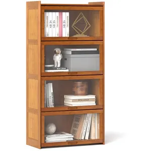 GOPLUS Bibliothèque en Bambou à 4 Etagères 69x34x140CM avec Portes en ... pas cher
