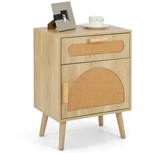 Costway Table De Chevet Avec Tiroir Et Porte En Rotin, Pieds En Bois, ... pas cher
