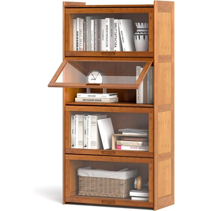 COSTWAY Bibliothèque 140 cm en Bambou à 4 Niveaux, avec Portes en Acry... pas cher