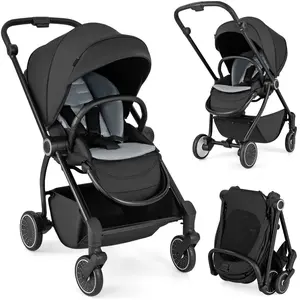 Costway Poussette Canne Pliable Bébé Avec Siège Réversible & Dossier Inclinable, Panier Inférieur, Harnais À 5 Points, 15 Kg, Noir