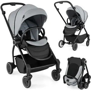 Costway Poussette Canne Pliable Bébé Avec Siège Réversible & Dossier Inclinable, Panier Inférieur, Harnais À 5 Points, 15 Kg, Gris
