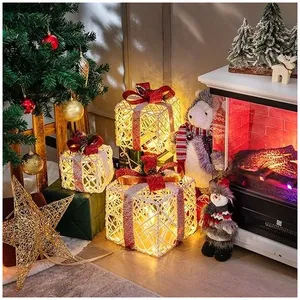 GOPLUS Lot de 3 Boîte Cadeaux LED, Boites à Cadeaux Lumineux à Piles avec noeuds Rouges, 60 Lumières LED et Minuterie 6 Heures