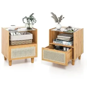 Costway Lot De 2 Table De Chevet En Bambou Avec Tiroir, Plateau En Ver... pas cher